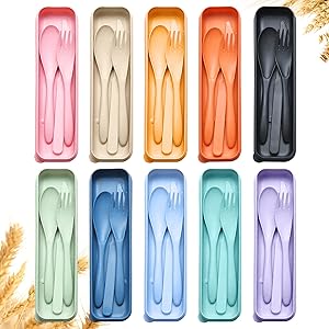 Reusable Travel Wheat Straw Cutlery Sets with Case - 4 Simple Sets of Standard Cutlery, Eco-Friendly BPA-Free Knife Fork Spoons, for Adults Picnics Camping (Green, Beige, Pink, Blue), Compact