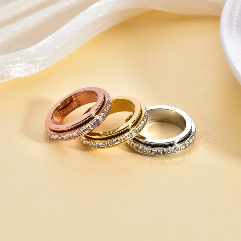 Popular 5MM Single-Row Square Diamond Rotatable Double-Ring Fortune-Turning Spinner Ring Starry Sky Couple's Ring in Rose Gold, Gold, and Silver