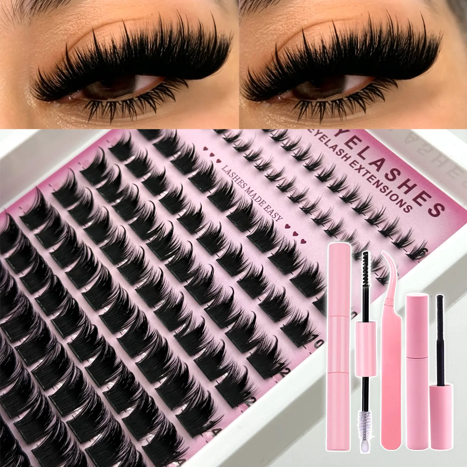 300D Pointed Tip Manga Lash Clusters Kit, 136PCS Spiky Individual Lash Extensions with Bottoms,2 IN 1 Lash Glue,Applicator And Remover ,6-18mm Length Mixed D Curl Thick Faux Mink Cartoon Lash Extensions, DIY Self Application Cluster Eyelashes