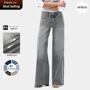 ONESO Light Gray Mid-Waisted High Stretchy Wide Leg Baggy All Season BBL Jeans Tummy Control Holiday Party New Year's Gifts Denim Pants Womenswear Bottom Comfortable Denim Jeans