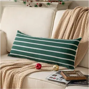 Boho Lumbar Throw Pillow Cover 14X36 Long Soft Farmhou Decorative Couch Pillow Cas Dark Green Striped Body Pillow Covers Neutral Cushion Covers for Sofa Bed Living Room Home Decor Pack of 1