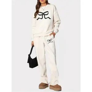 Women Pants Set, Bow Print Long Sleeve Crew Neck Hoodie and Sweatpants Set Activewear Set Fabric Womenswear Clothes Polyester Suits Pocket