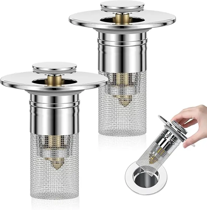 2pc Anti-Odor Stainless Steel Bathroom Sink Stopper with Brass Inner Core Essential Home Accessory Drain Strainer Filter Screen Set