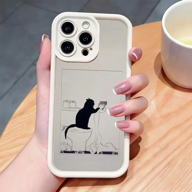 Playful black cat design for bathroom use. Compatible with iPhone 17 Pro Max/16 Pro Max/15 Plus/14/13/12/11, TPU soft case. Compatible with Galaxy S26 Ultra/S25 Plus/S24/S23, Dopamine color. Compatible with Galaxy A54/A53/A33/A15.