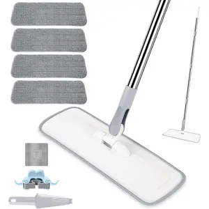 Microfiber mop for cleaning floors, 55inch retractable flat mop, comes with 4 reusable and washable mop pads, 1 hook, 1 wall mount, and 1 scraper, suitable for dry and wet use in bathrooms, kitchens, floors, and tiles