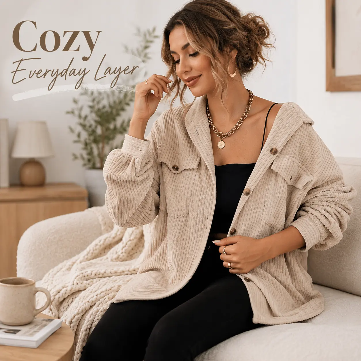 Women’s Comfortable and Cozy Relaxed Fit Beige Corduroy Shacket - Long Sleeve Lightweight Button-Front Crop Coat, Collared Neck, Ribbed Soft Fabric, Chest Pocket, Easy to Style for Brunch & Everyday Outfits