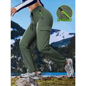 Women's multi pocket zipper workwear casual pants Drawstring elastic waistband lightweight breathable straight leg sports pants Multi color versatile high waist slimming outdoor workwear pants