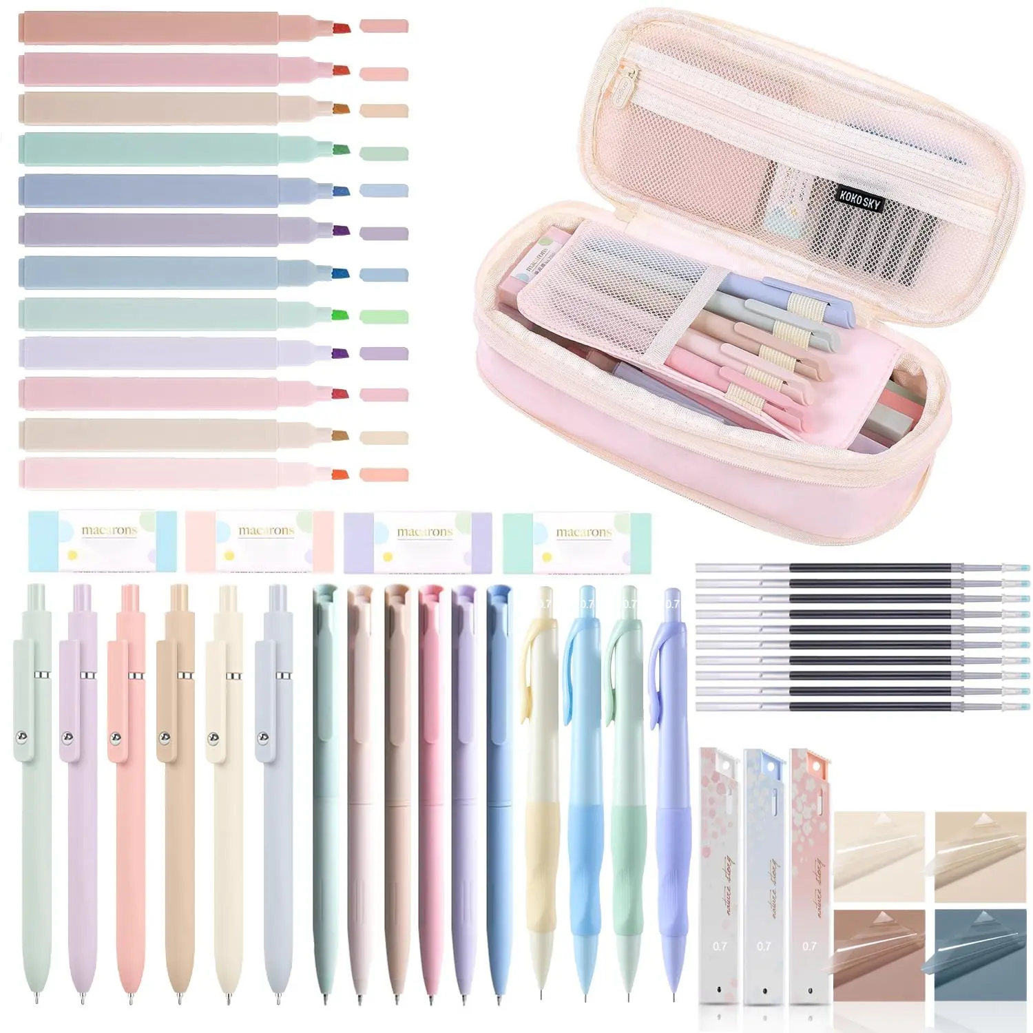 Stationery Set, 1 Set Including Highlighter & Gel Pen & Mechanical Pencil & Pencil Case & Accessories, Cute Stationery Set, Writing Utensils, Mechanical Pencils Set