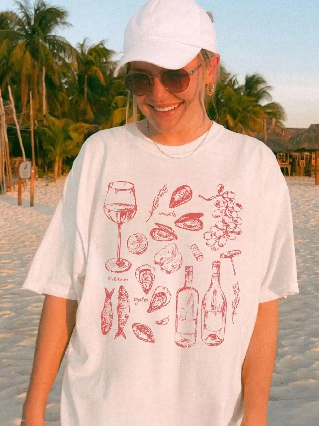 Oversized Seafood Wine T-Shirt, Vintage Casual Charcuterie Graphic Tee, Retro Food Lover Shirt for Women, Aesthetic Summer Top, Trendy Coastal Apparel, Unique Gift for Her