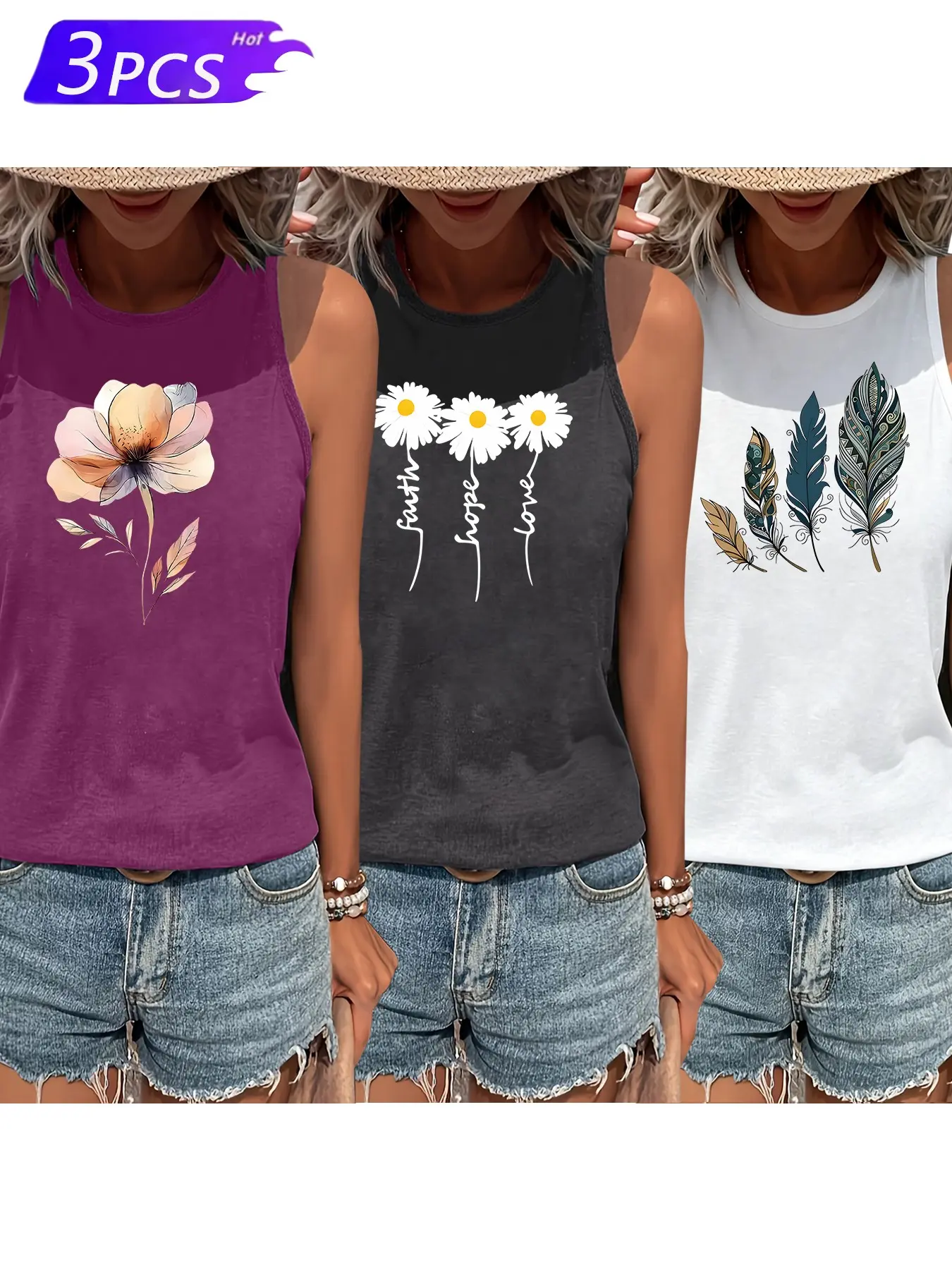Women's Floral Feather Sleeveless Vest, Casual Stretch Three-Piece Set, Round Neck, All-Season, Fun Design, Elastic Fabric