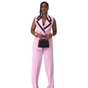 two-piece set woman Fashion Women's Set Striped Patchwork Sleeveless Tank Blazer Top and Wide Leg Pants Suit 2025 Two 2 Piece Sets Outfits Minimalist Womenswear Fitted Light Check