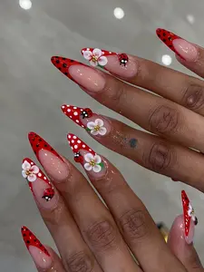Red Ladybug Floral French Tip Press On Nails Handmade 3D Cute Statement Nails Luxury Long Set