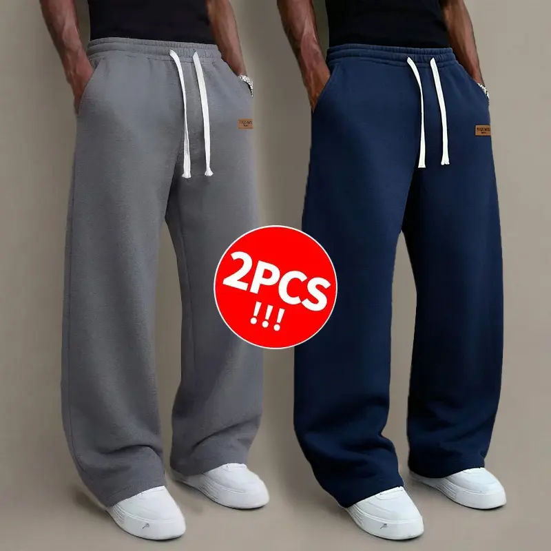 2pcs Unisex solid-color drawstring knit pants suitable for autumn and winter; comfortable, minimalist and stylish, warm. We offer sweatpants available in single packs and double packs.