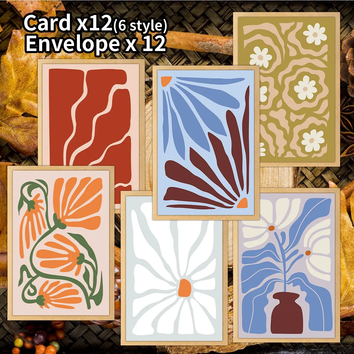 12 Bohemian Abstract Floral Blank Postcards with Envelopes, Matisse Style Art Greeting Cards, Neutral Tone Thank You Cards for All Occasions