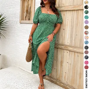 Women's Plus Size Green Ditsy Floral Maxi Dress, Square Neck Puff Short Sleeve Wrap High Slit Flowy Long Sundress for Summer Beach Vacation