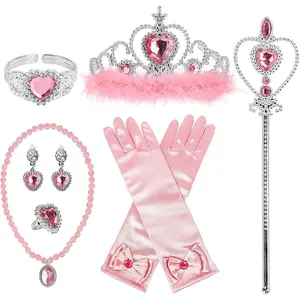 P-HDW024   Princess Dress Up Accessories Princess Gloves,   7pcs Dress Up Set for Toddler Girls with Princess Crown, Wand, Gloves, Necklace, Earrings, Bracelet and Ring, Costume Toys for 3-6 yr Little Girls