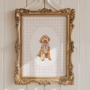 Golden Doodle Nursery Decor, Watercolor Dog Nursery Print Posters, Baby Girl Nursery, Pink Gingham Wall Print, Coquette Pink Bow Art, Puppy Nursery