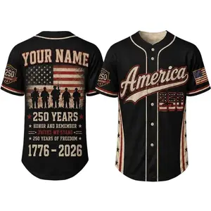 Custom America 250 Baseball Jersey, 1776-2026 Patriotic Jersey, 250 Years of Freedom Shirt, Honor and Remember Veteran Gift