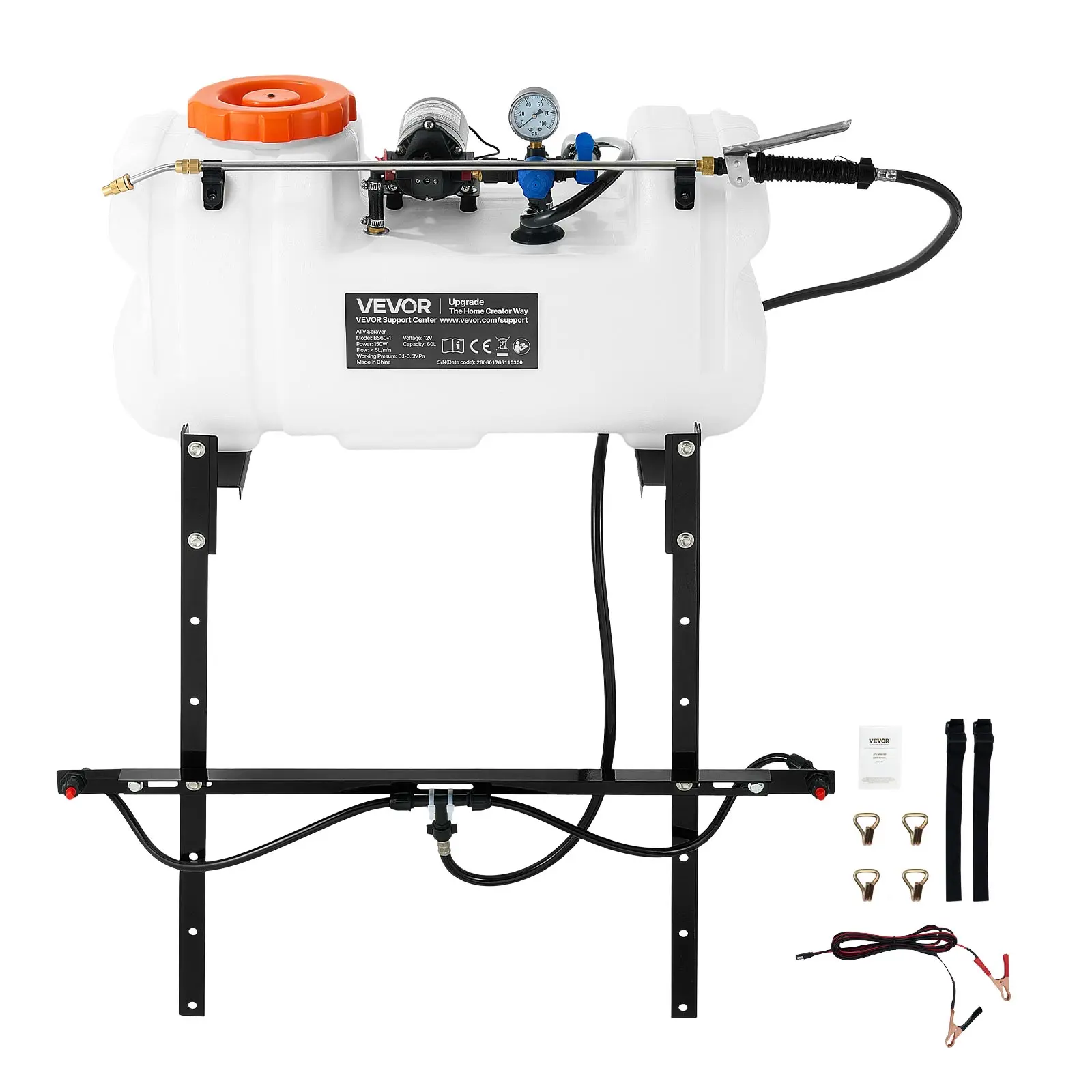 VEVOR 15.9 Gal Capacity ATV Spot Sprayer - 60L 12V Pump ATV/UTV Broadcast Sprayer, Outdoor Garden Weed Spraying, 1.9 GPM Flow Rate, Adjustable PSI (0-72), Brass Nozzle, Boom, Water Tank, 20 ft Hose, White