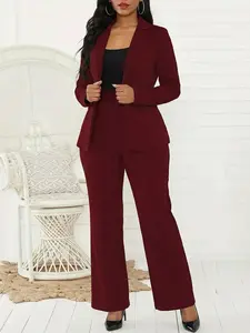 Women's Plus Size Fashion Casual Elegant Blazer Suit Set, Long Sleeve Fitted Pants, Plain Pattern, All Seasons Wear, H Type Silhouette