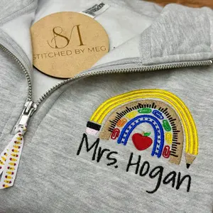 Personalized Teacher Quarter Zip Sweatshirt Custom Embroidered Gift Back to School Pullover with Name and rainbow Design