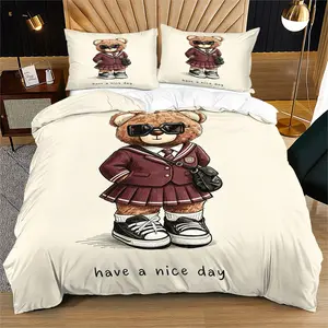 Cute Little Bear Academy style printed pattern duvet cover set, including 1 duvet cover and 1 or 2 pillowcases, without a core or pillow, suitable for bedroom or dormitory bedding set, suitable for gift giving or personal use