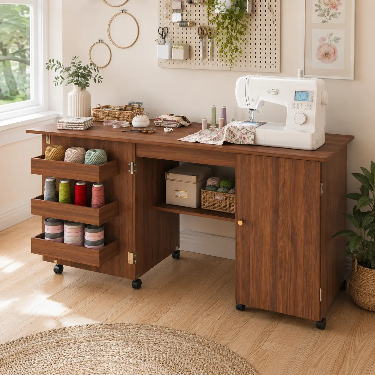 58 Inch Folding Sewing Machine Table with Locking Casters Storage Shelves Bins and Cabinet Adjustable Craft Station and Office Desk for Home Bedroom and Craft Room