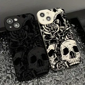 Set Unique Skull and Flower Pattern Design Soft Drop-Proof Mobile Phone Case Compatible with iPhone 16 Pro X XS MAX 11 12 13 14 15 Plus Case Shock-Absorbing, Anti-Scratch, and Slim Fit Design