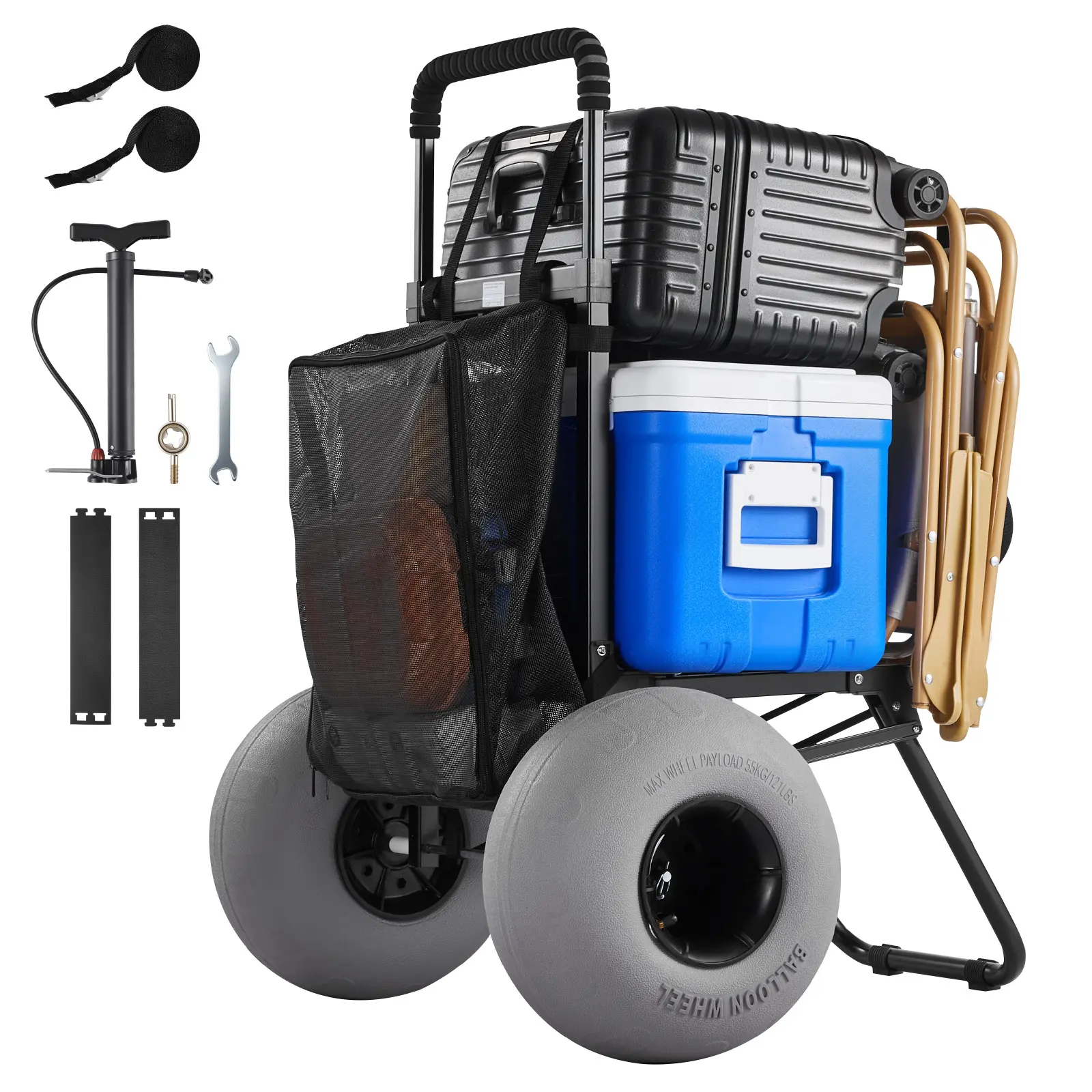 【SummerFinds】VEVOR Heavy-Duty Steel Folding Beach Dolly Cart, 12" Balloon Sand Wheels, 18"x15" Cargo Deck, 165 lbs Capacity, 34"-45" Adjustable Height, Quick-Fold Portable Sports Gear for Sand Terrain, Saltwater Ready, Salt-Corrosion Safe, Camping Gifts,