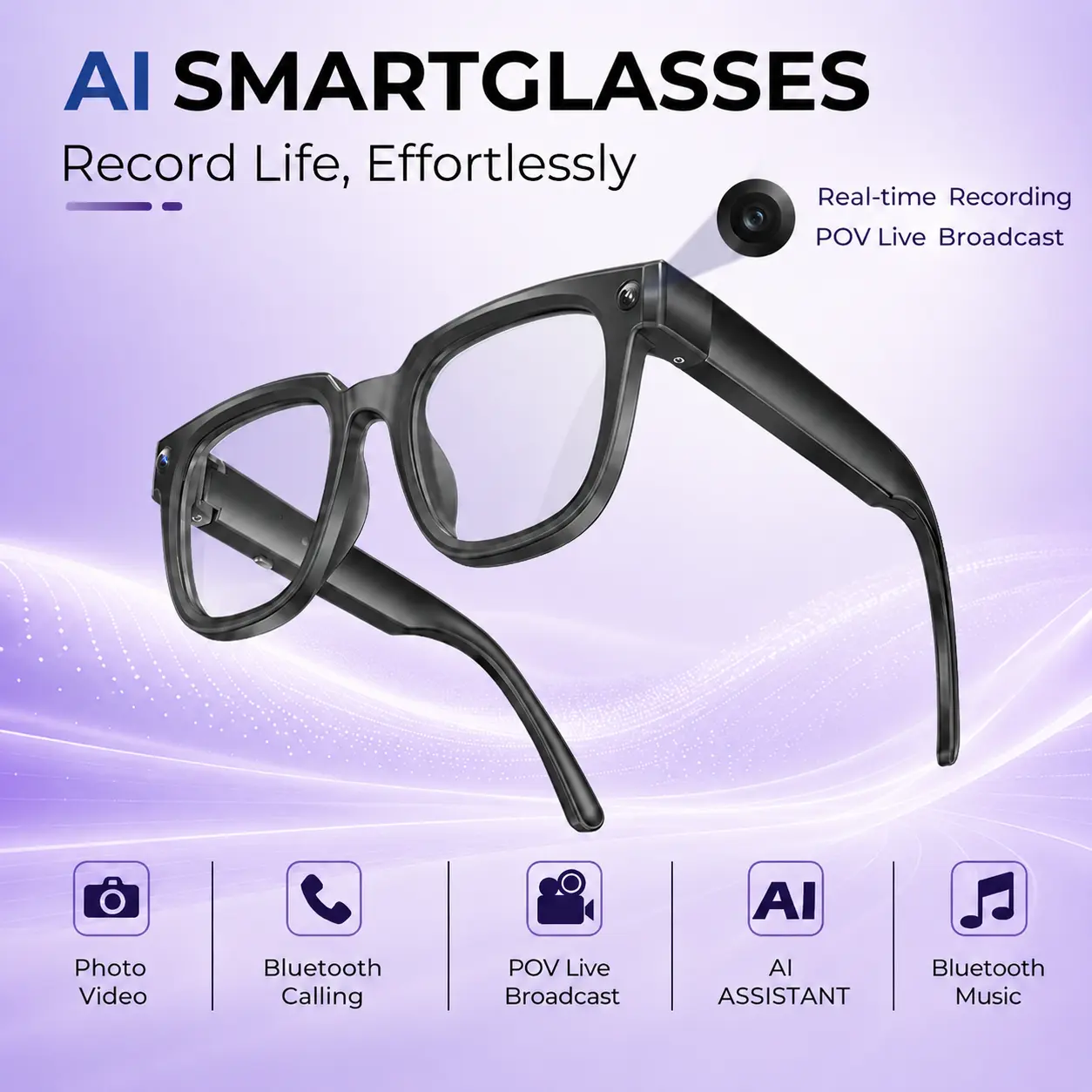 Unisex Adults' AI Smart Glasses - 8MP Camera, Photo & Video Recording, Hands-Free POV Capture, App-Based Translation, Bluetooth Calls, WiFi, Android Compatible, Lightweight Wireless Touch-Controlled Eyewear for Travel, Daily Use
