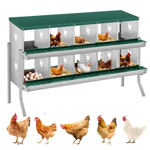 Metal Chicken Nesting Box, 6/8/10 Compartment Roll-Away Egg Collection Box for Hens, Wall Mount or Stand Poultry Laying Boxes with Bracket Legs, Rust-Resistant Hen House Accessory for Easy Cleaning & Ventilation, Red 2-Tier Design