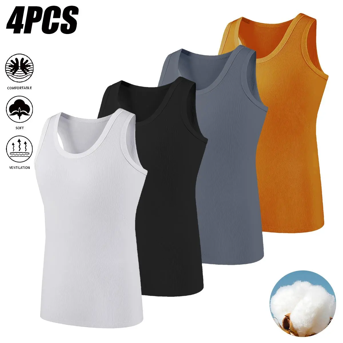 Men’s 4-Pack Ribbed Cotton Tank Tops, Slim Fit Stretch Underwear Shirt for Dress Shirts & Suits, Smooth Invisible Base Layer to Prevent Sheerness, Breathable Moisture-Wicking Business Casual Vest
