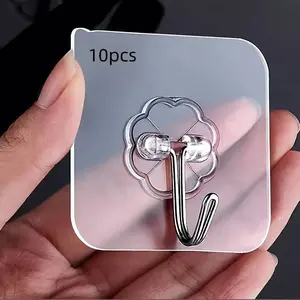 10pcs No-Drill Strong Adhesive Hooks, Plastic Transparent Wall Mounting Hooks for Bathroom Kitchen, Hook Set Home Organizer, Self Adhesive Hooks