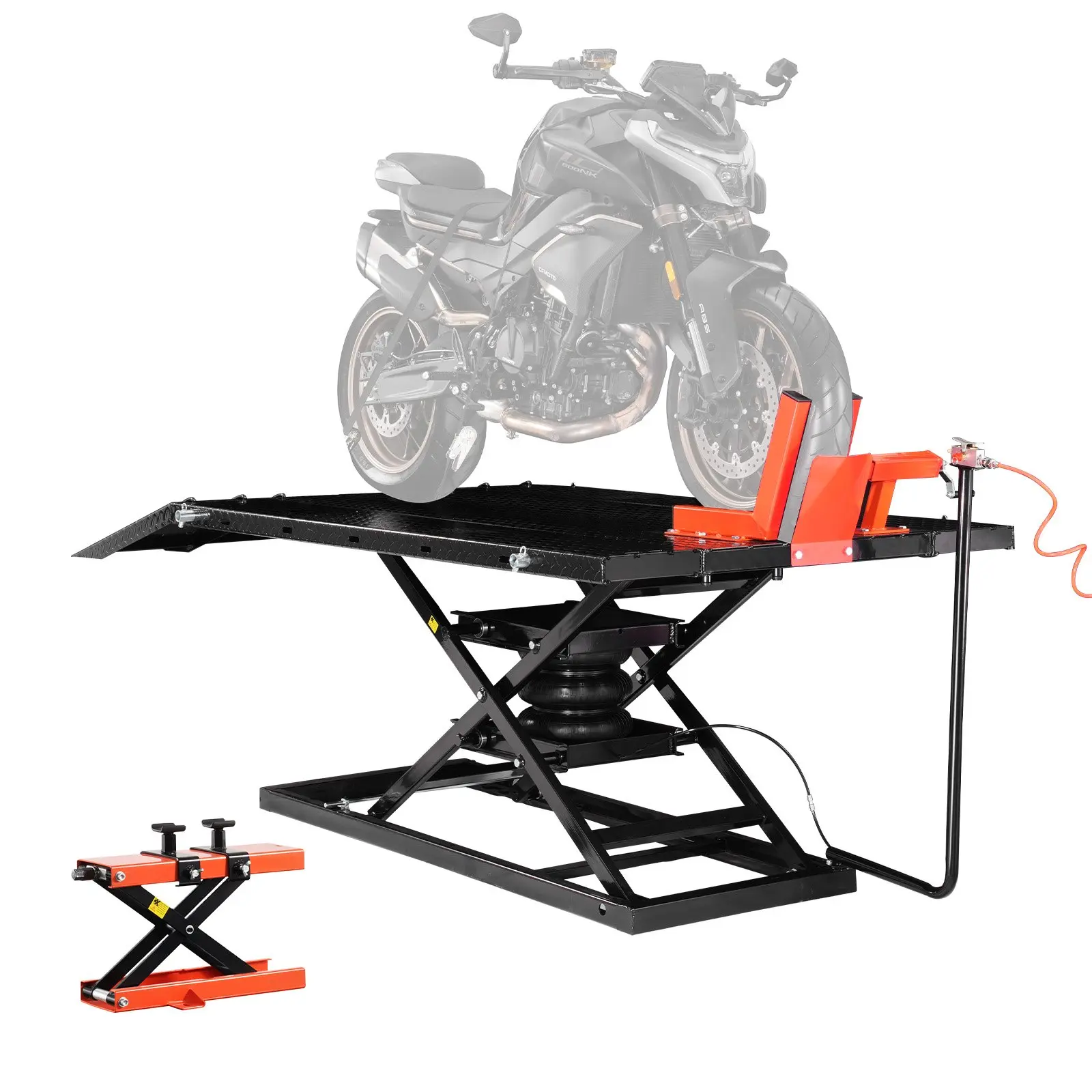 VEVOR Pneumatic Motorcycle Lift Table, 1500lbs Capacity, 8.6-31in Height Range, 78.7x48in Rubber-Padded Powder Coated Heavy Duty Stand with Removable Workbench, Compact Storage for ATVs, Dirt Bikes