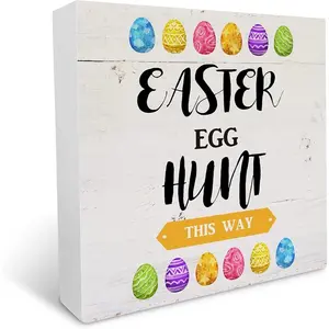 Easter Egg Hunt Wood Box Sign Rustic Easter Eggs Wooden Box Sign Decorative Sign Block Plaque for Home Desk Table Shelf Decor 5x5 Inch