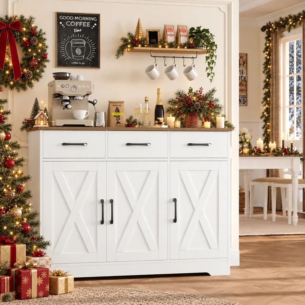 【Black Friday】HOSTACK Modern Storage Cabinet, Kitchen Buffet Sideboard with 3 Drawers for Cutlery, Coffee Bar Cabinet, Christmas Gift, Home essentials