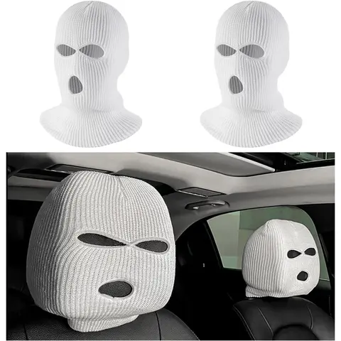 Funny Car Headrest Cover Car Headrest Neck Pillow Cover 3-Hole Knitted Ski Mask Front Headrest Protector Decoration for Most Vehicles, Full Face Mask Cover Neck Gaiter Balaclava Knit Beanie for Outdoor Sports, Halloween gifts