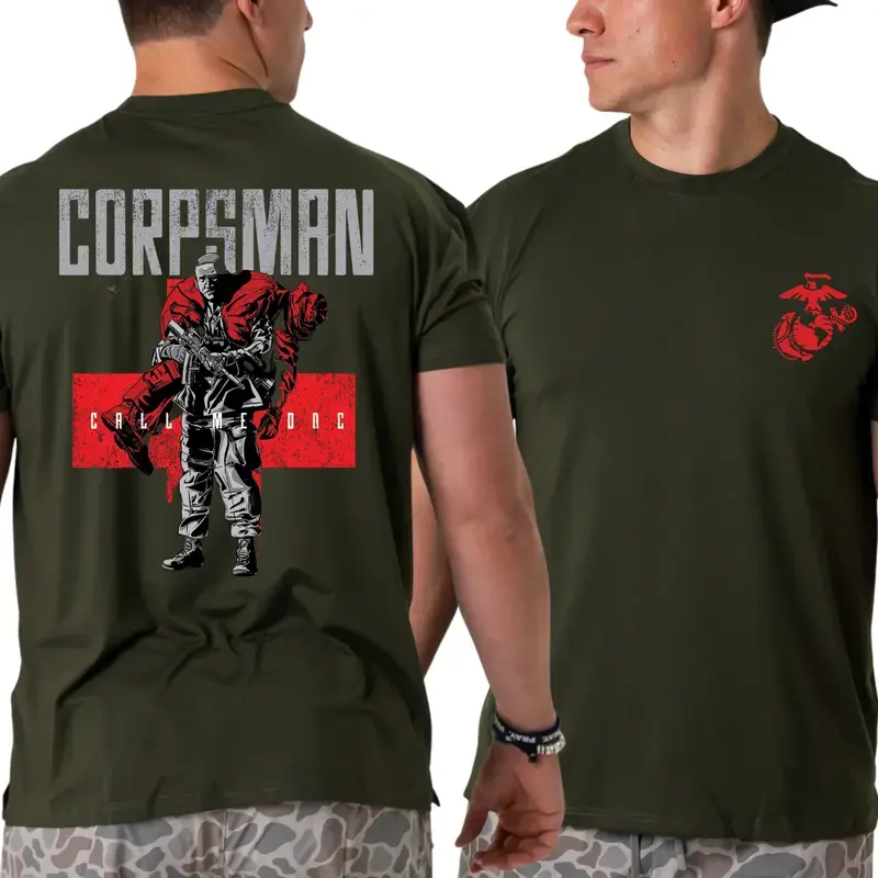 USMC Corpsman Call Me Doc T-Shirt, Combat Medic Carry Graphic 2 Sides, Eagle Globe Anchor Military Support Tee for Men & Women, Summer Deals, Vacation Outfits