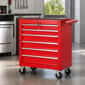 ARCH Rolling Tool Chest with 7-Drawer Tool Box and Wheels, Multifunctional Mechanic Tool Cart, Steel Storage Cabinet for Garage, Workshop, Warehouse, Repair Shop, Red or Black Color Options, Black/Red Color Options, Steel Material