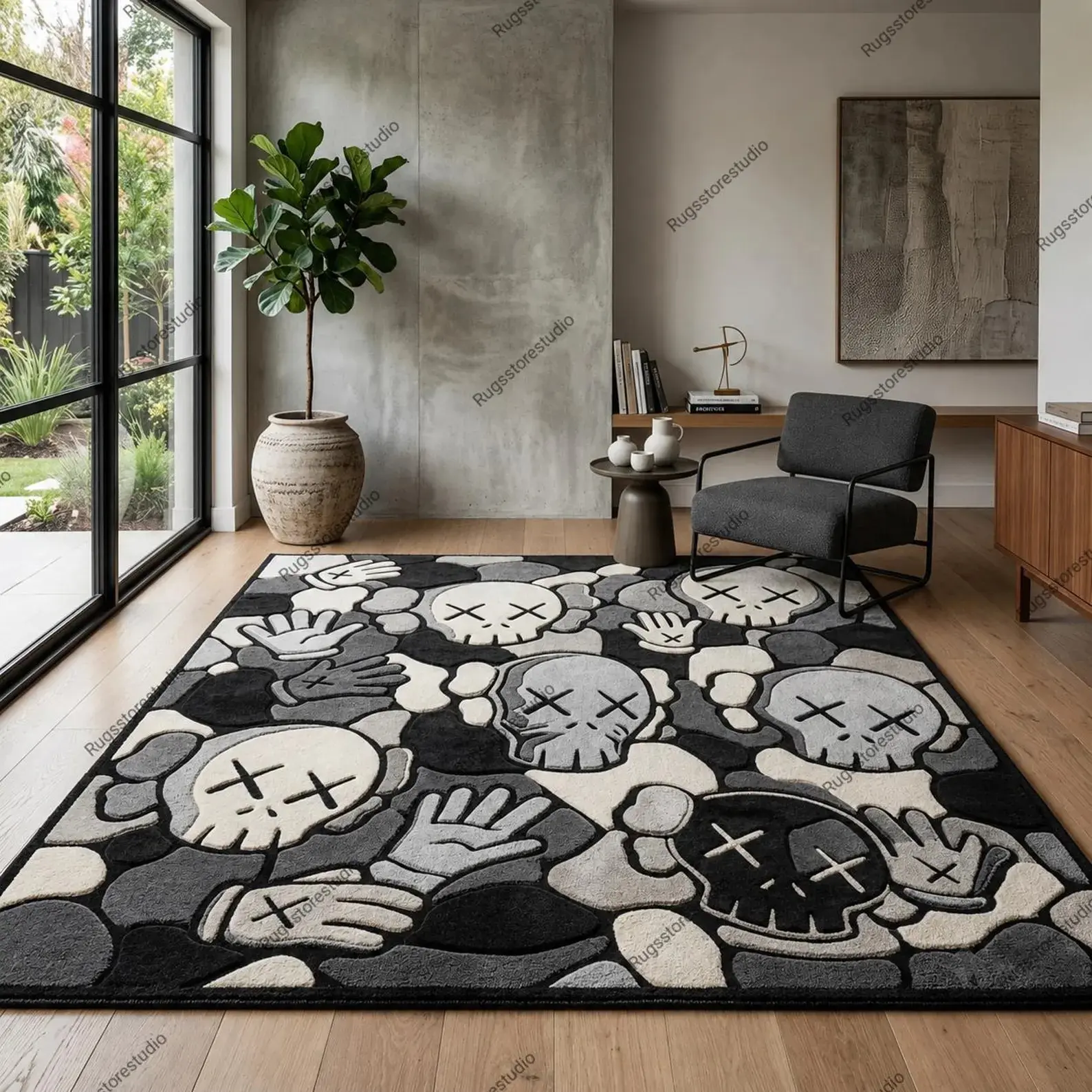 KAWS rug, modern abstract pattern, cream-black grey color, luxurious and trendy home decor style.