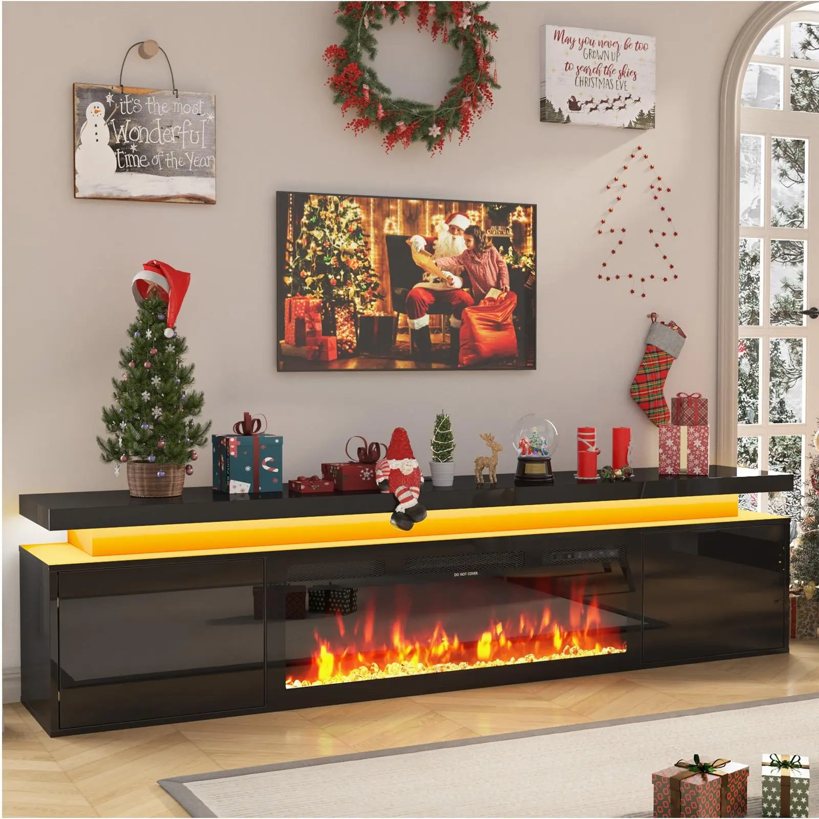 【2Packages Shipping】70in/80in TV Stand with Fireplace Up to 80" TVs/90" TVs, High Gloss LED Fireplace TV Stand Entertainment Center for 70/75+/80/90 inch TV, Modern Media TV Console Cabinet for Living Room,Black/white