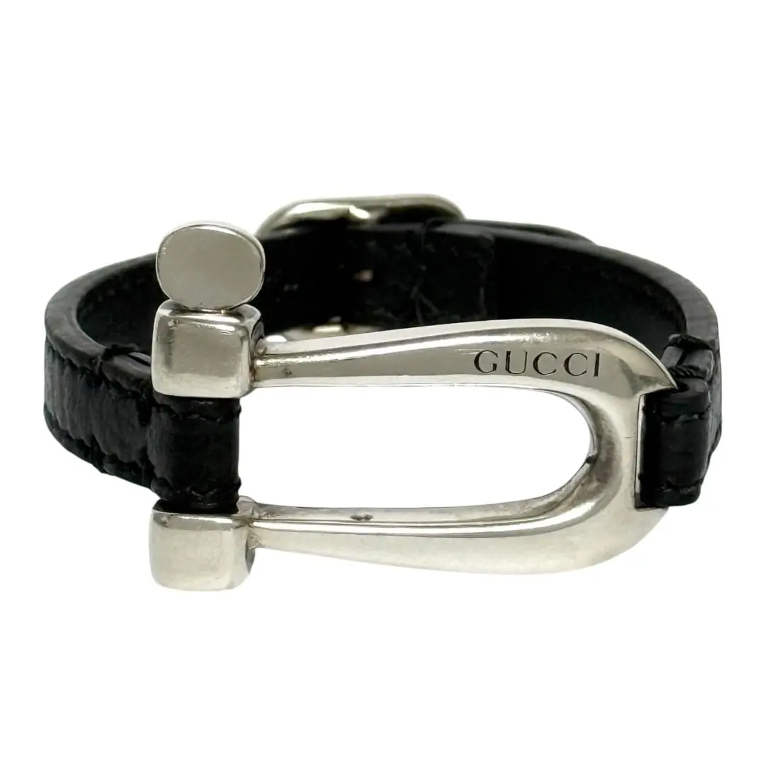 Pre-owned GUCCI Sterling Silver 925 (Ag925) Small Leather Goods Silver Leather Bracelet