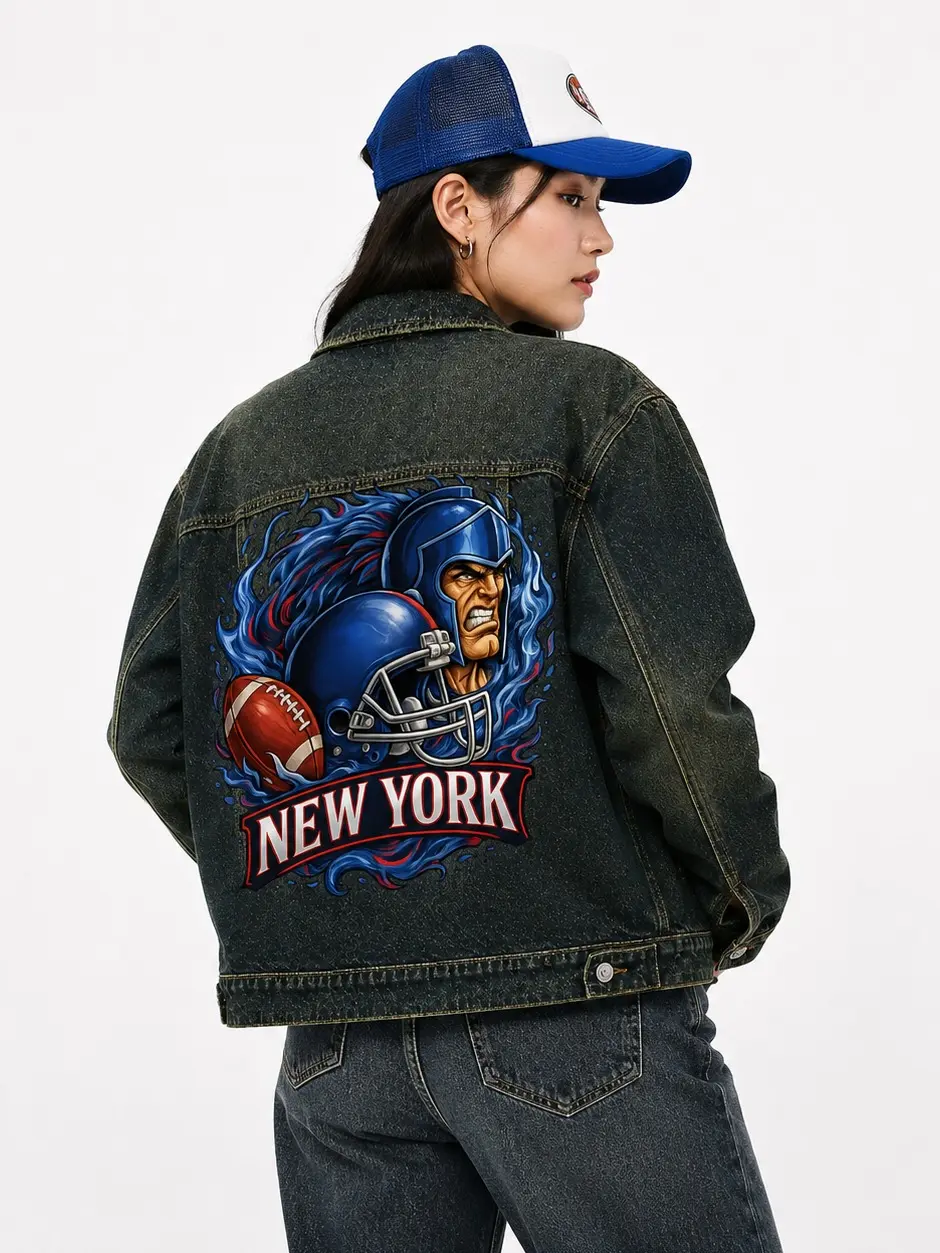 New York Football Fans Denim Jacket - American Football Team Graphic Sports Unisex Vintage Outerwear