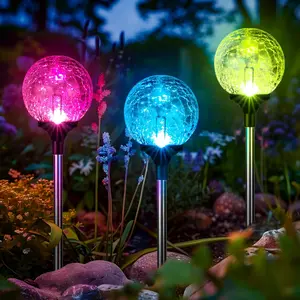 Solar Garden Lights 3 Pack, Solar Lights Outdoor Decorative Waterproof, Outdoor Solar Lights for Yard Decorations, Multi-Colored Changing Garden Globe Cracked Glass Ball with LED Lights