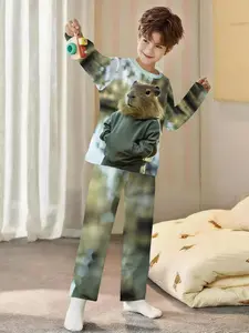Trendy and cool capybara man! Hoodie capybara 2-piece set for boys, featuring digital printed long-sleeved pajamas and long sleep pants made of flame-retardant fabric. This stylish, trendy, casual, comfortable and soft pajama set is suitable for sleeping