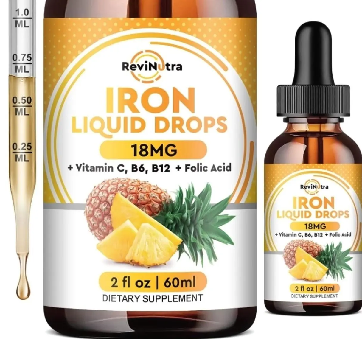 Liquid Iron Supplement for Women, Men & Kids, Liquid Iron Drops with Folate, Vitamin C, B6, B12 for Anemia, Red Blood Cell, Energy Support, Pineapple Flavor, 2 Fl Oz