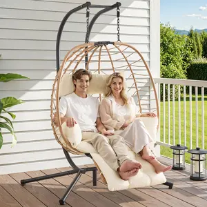 【SummerVibes】ONBRILL Double Egg Chair with Adjustable Footrest & Stand, Rattan Hammock Swing Loveseat with Cushions & Headrests, 650LBS Capacity Hanging Chairs for Outdoor & Indoor Patio, Deck, Bedroom, Stylish Furniture