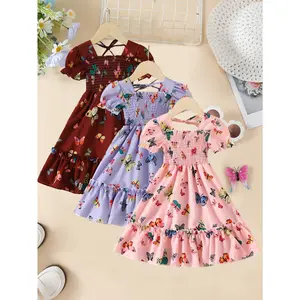 3pcs Set Girls' Butterfly Digital Print Dresses with Ruffled Neckline & Smock Front - A-Line Mid-Length Casual Party Dresses in Vibrant Colors (Pink, Red) - Lightweight Breathable Fabric for Spring Summer Outfits for Girls Ages 3-12 Years - No Chest,summe