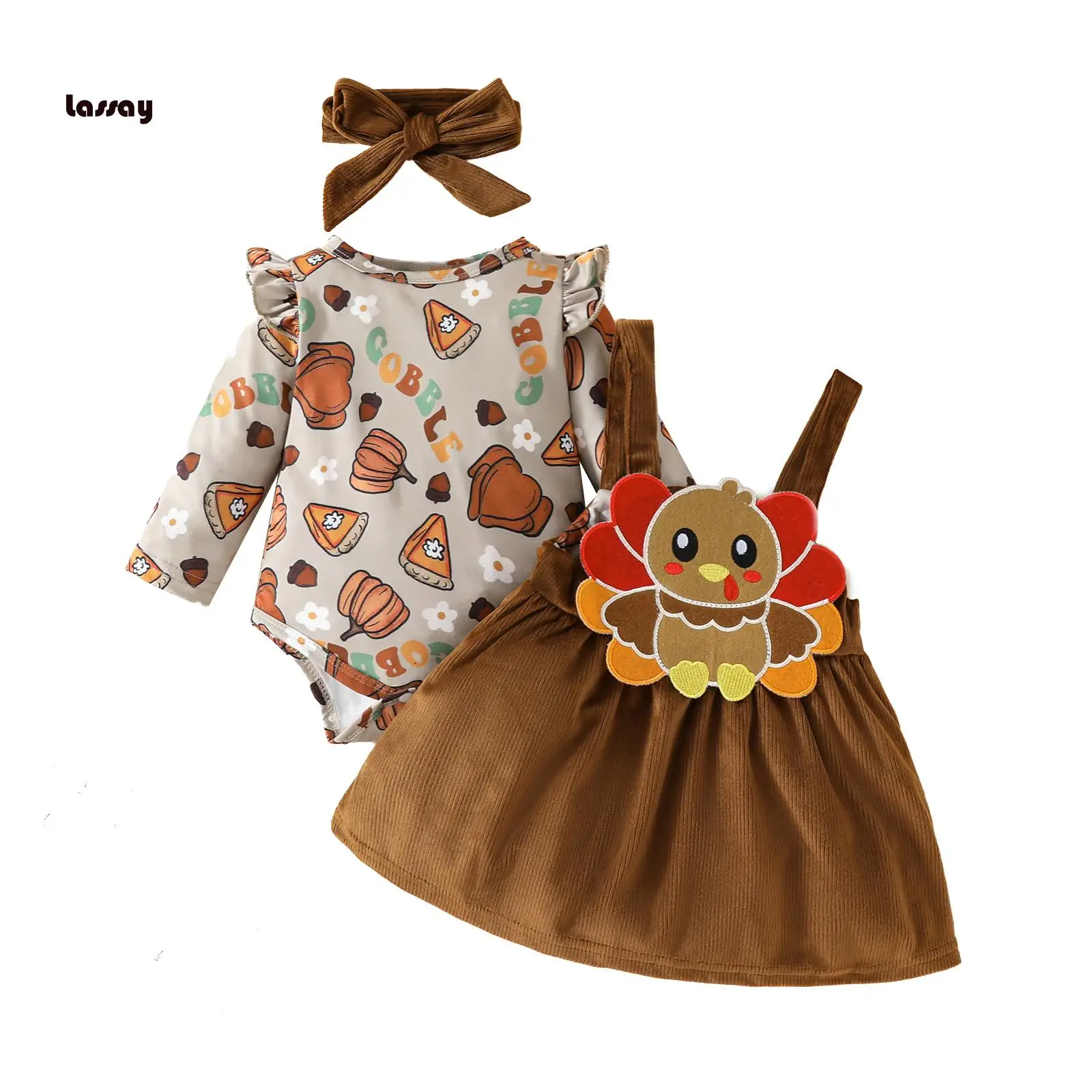 Baby Girls Thanksgiving Set Ruffled Long Sleeve Jumpsuit Turkey Corduroy Overalls Skirt Headband Outfits