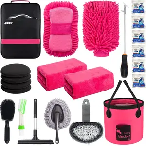 22 count  Wash Cleaning Tools Kit  Detailing Set with Canvas Bag Pink Collapsible Bucket Wash Mitt Sponge Towels Tire Brush Window Scraper Duster Complete Interior  Care Kit
